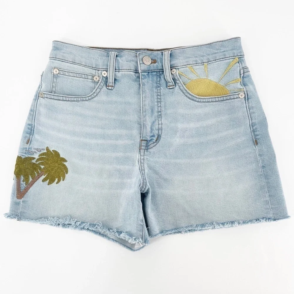 MADEWELL- High-Rise Denim Shorts: Sun Embroidered Edition Raw Edge